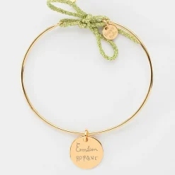 Bracelet personnalisé jonc plaqué or et cordon pailleté médaille gravée 15 mm