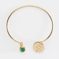 Bracelet personnalisé jonc plaqué or ouvert médaille gravée 15 mm et breloque pierre naturelle 8 mm