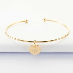Bracelet personnalisé jonc ouvert boules plaqué or médaille gravée 10 mm