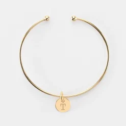 Bracelet personnalisé jonc ouvert boules plaqué or médaille gravée 10 mm