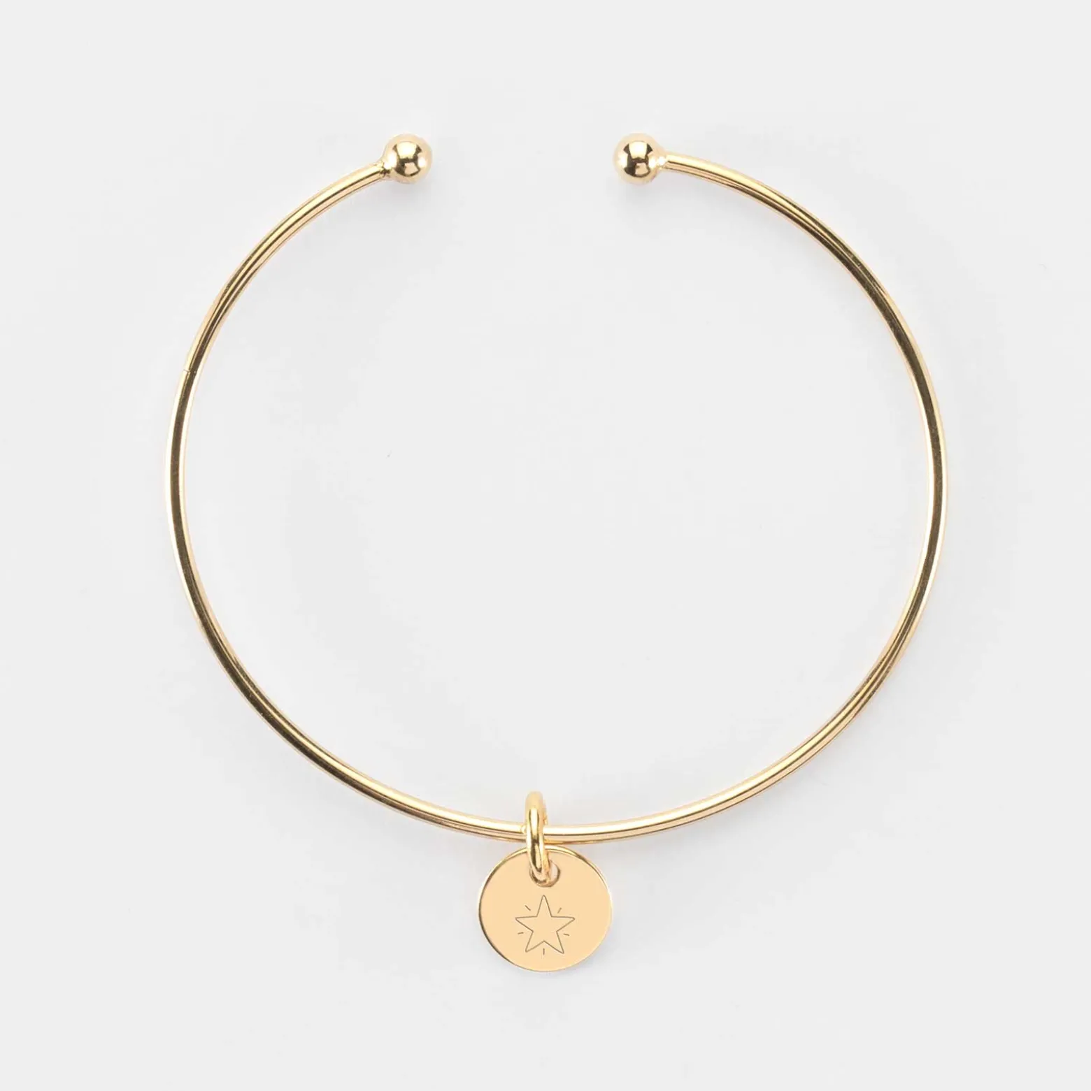 Bracelet personnalisé jonc ouvert boules plaqué or médaille gravée 10 mm