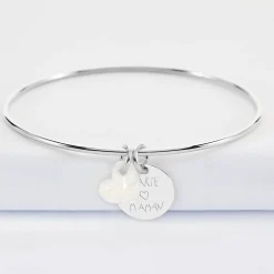 Bracelet personnalisé jonc argent médaille gravée 15 mm et breloque nacre 10 mm