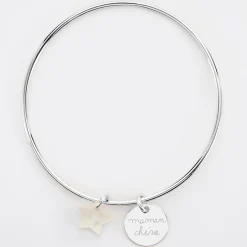 Bracelet personnalisé jonc argent médaille gravée 15 mm et breloque nacre 10 mm