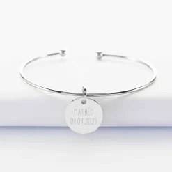 Bracelet personnalisé jonc ouvert argent médaille gravée 15 mm