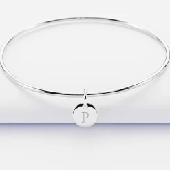 Bracelet personnalisé jonc argent médaille gravée initiale 10 mm