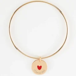 Bracelet personnalisé jonc plaqué or médaille gravée coeur émail rouge 19 mm - HappyBulle x Atelier Wagram