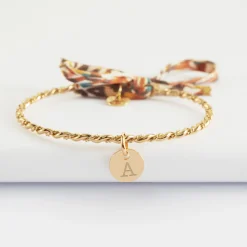 Bracelet personnalisé jonc tressé plaqué or et cordon Liberty médaille gravée 10 mm