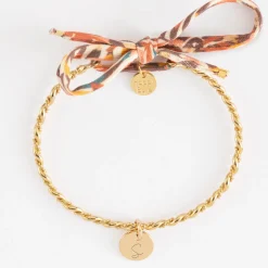 Bracelet personnalisé jonc tressé plaqué or et cordon Liberty médaille gravée 10 mm