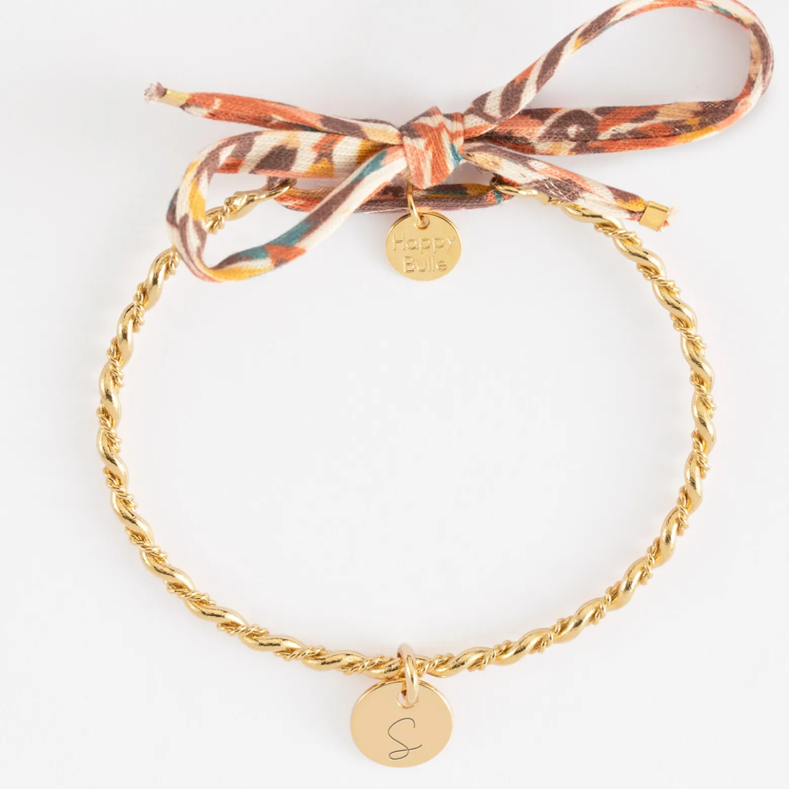 Bracelet personnalisé jonc tressé plaqué or et cordon Liberty médaille gravée 10 mm