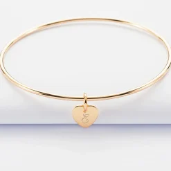 Bracelet personnalisé jonc plaqué or médaille gravée initiale coeur 10 mm