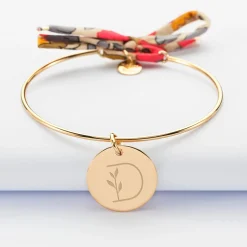 Bracelet personnalisé jonc plaqué or et cordon Liberty médaille gravée 19 mm