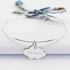 Bracelet personnalisé jonc argent et cordon Liberty médaille gravée nuage 20x14 mm