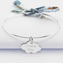 Bracelet personnalisé jonc argent et cordon Liberty médaille gravée nuage 20x14 mm