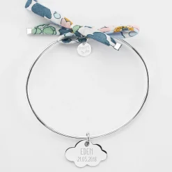 Bracelet personnalisé jonc argent et cordon Liberty médaille gravée nuage 20x14 mm