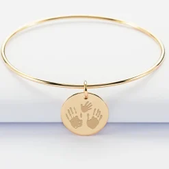 Bracelet personnalisé jonc plaqué or médaille gravée 19 mm