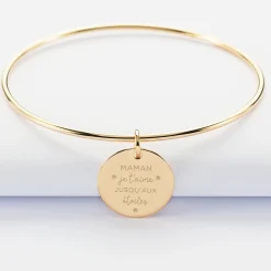 Bracelet personnalisé jonc plaqué or médaille gravée 19 mm