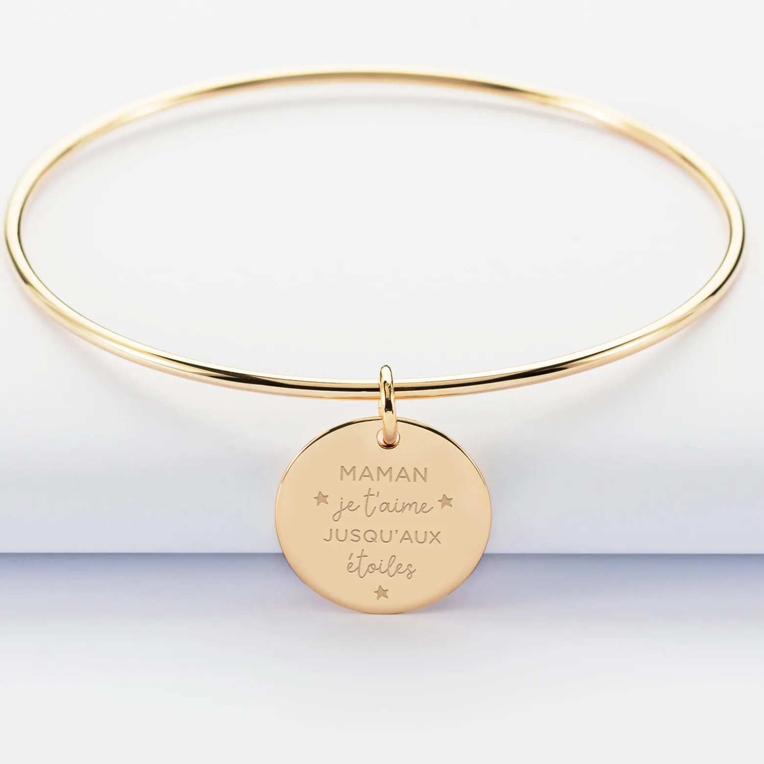 Bracelet personnalisé jonc plaqué or médaille gravée 19 mm