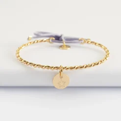Bracelet personnalisé jonc tressé plaqué or et cordon médaille gravée 10 mm
