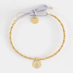 Bracelet personnalisé jonc tressé plaqué or et cordon médaille gravée 10 mm