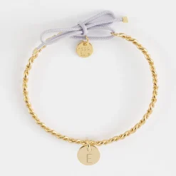 Bracelet personnalisé jonc tressé plaqué or et cordon médaille gravée 10 mm