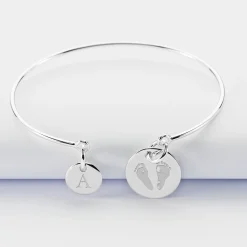 Bracelet personnalisé jonc argent médaille gravée 15 mm et breloque ronde 10 mm