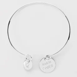 Bracelet personnalisé jonc argent médaille gravée 15 mm et breloque ronde 10 mm