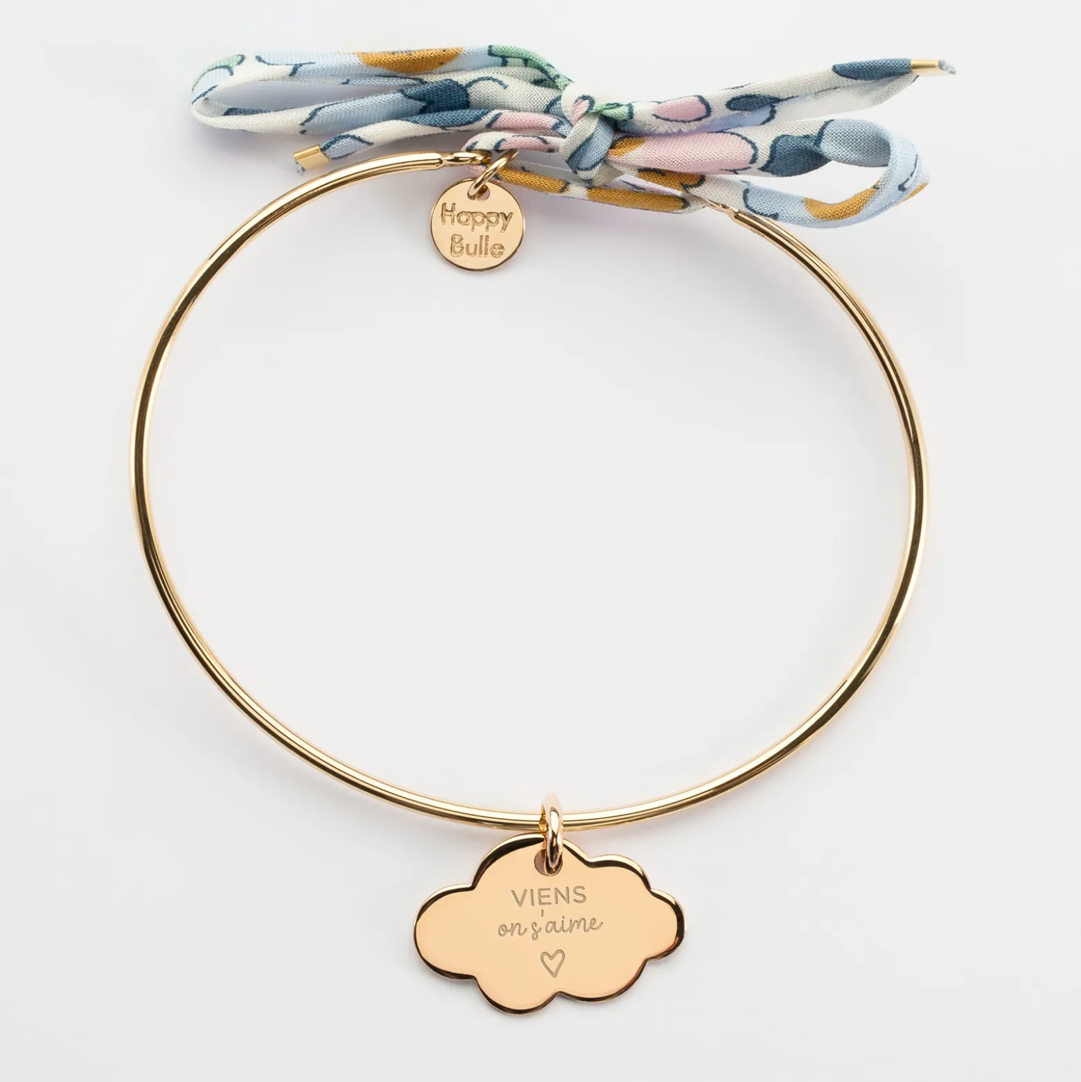 Bracelet personnalisé jonc plaqué or et cordon Liberty médaille gravée nuage 20x14 mm