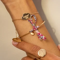 Bracelet personnalisé jonc plaqué or et cordon Liberty médaille gravée nuage 20x14 mm