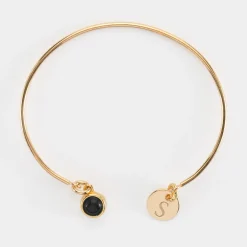 Bracelet personnalisé jonc plaqué or ouvert médaille gravée 10 mm et breloque pierre naturelle 8 mm
