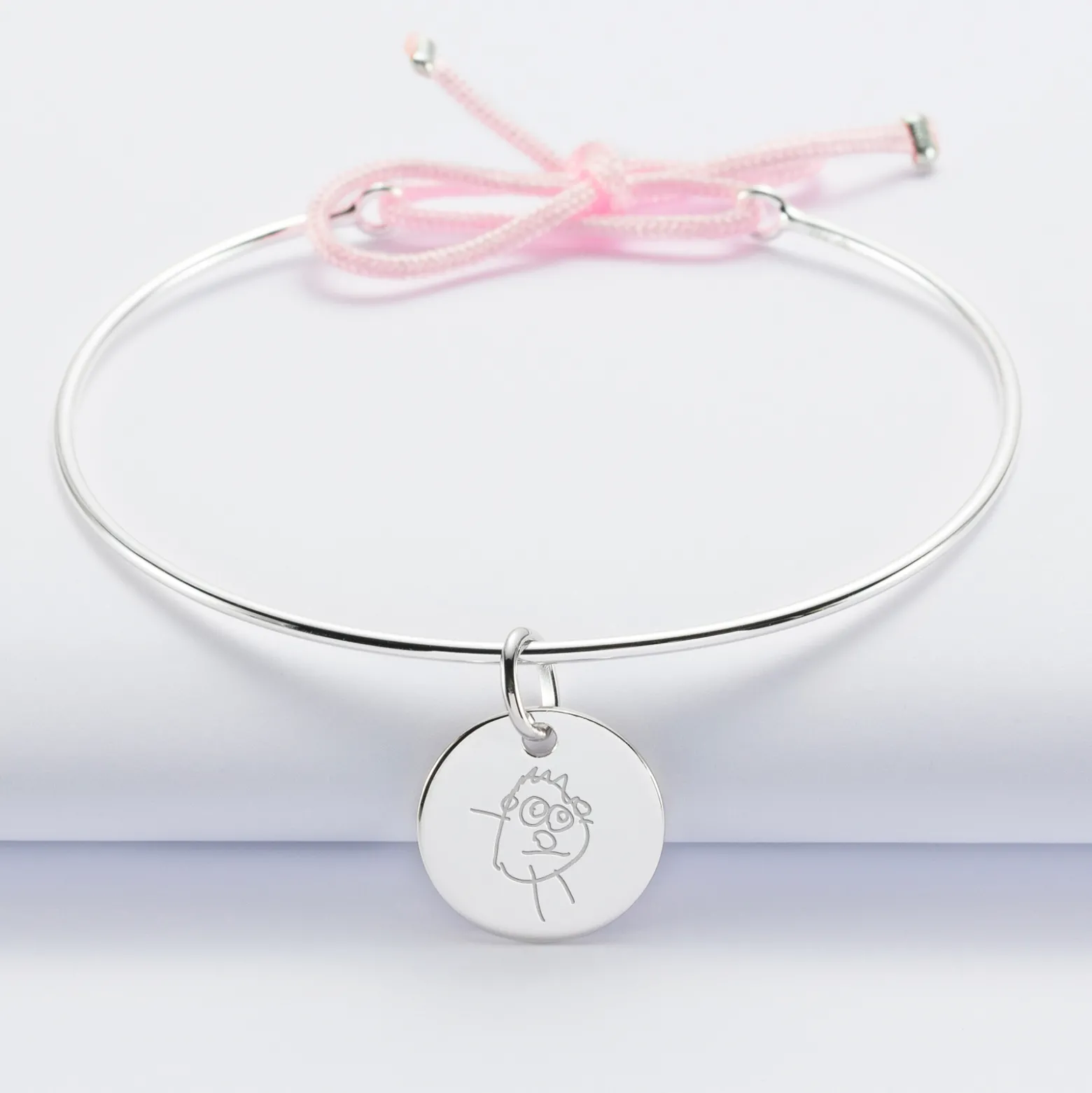 Bracelet personnalisé jonc argent et cordon médaille gravée 15 mm