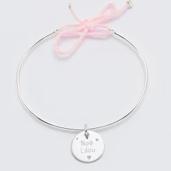 Bracelet personnalisé jonc argent et cordon médaille gravée 15 mm