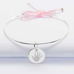 Bracelet personnalisé jonc argent et cordon médaille gravée 15 mm