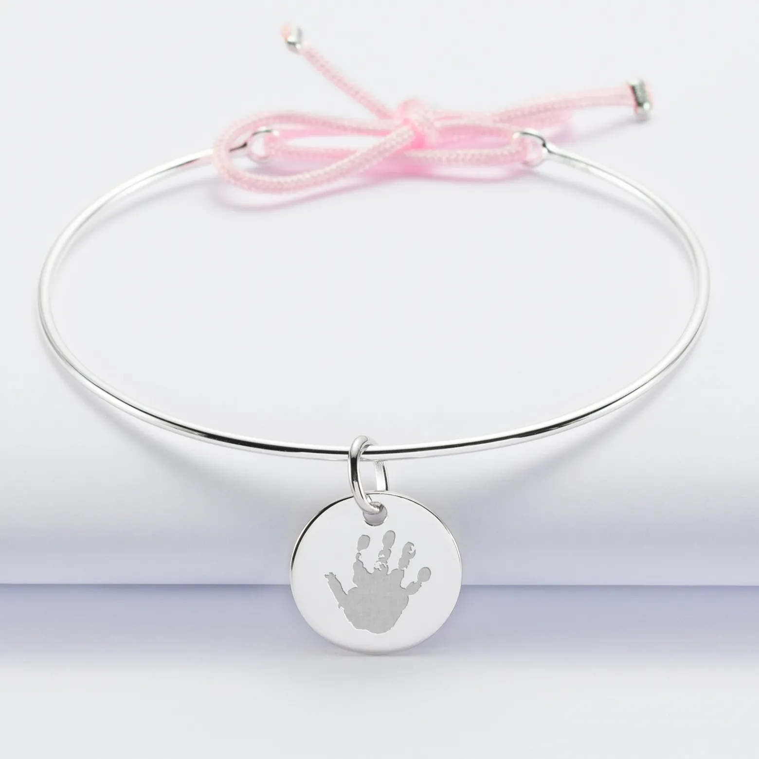 Bracelet personnalisé jonc argent et cordon médaille gravée 15 mm