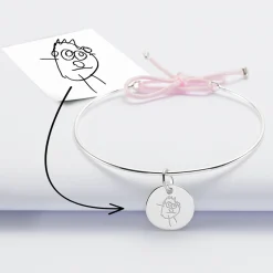 Bracelet personnalisé jonc argent et cordon médaille gravée 15 mm