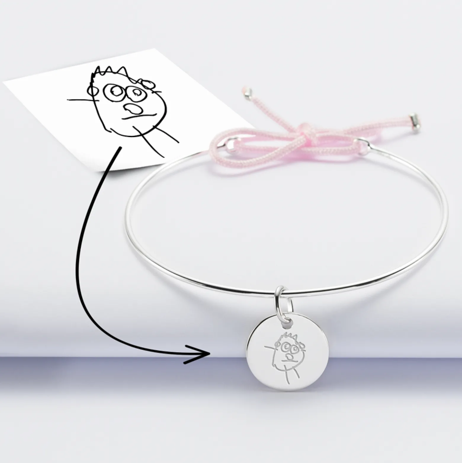Bracelet personnalisé jonc argent et cordon médaille gravée 15 mm
