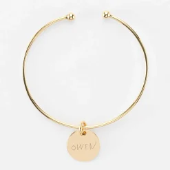 Bracelet personnalisé jonc ouvert boules plaqué or médaille gravée 15 mm