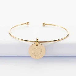 Bracelet personnalisé jonc ouvert boules plaqué or médaille gravée 15 mm
