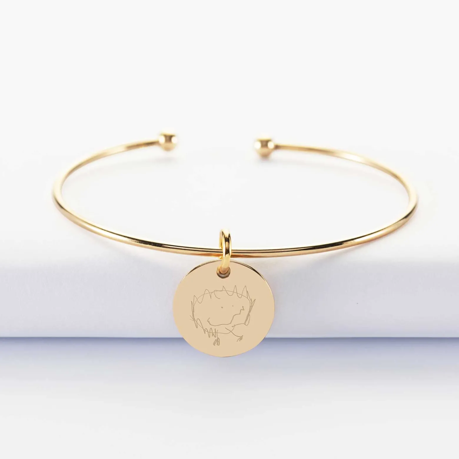 Bracelet personnalisé jonc ouvert boules plaqué or médaille gravée 15 mm