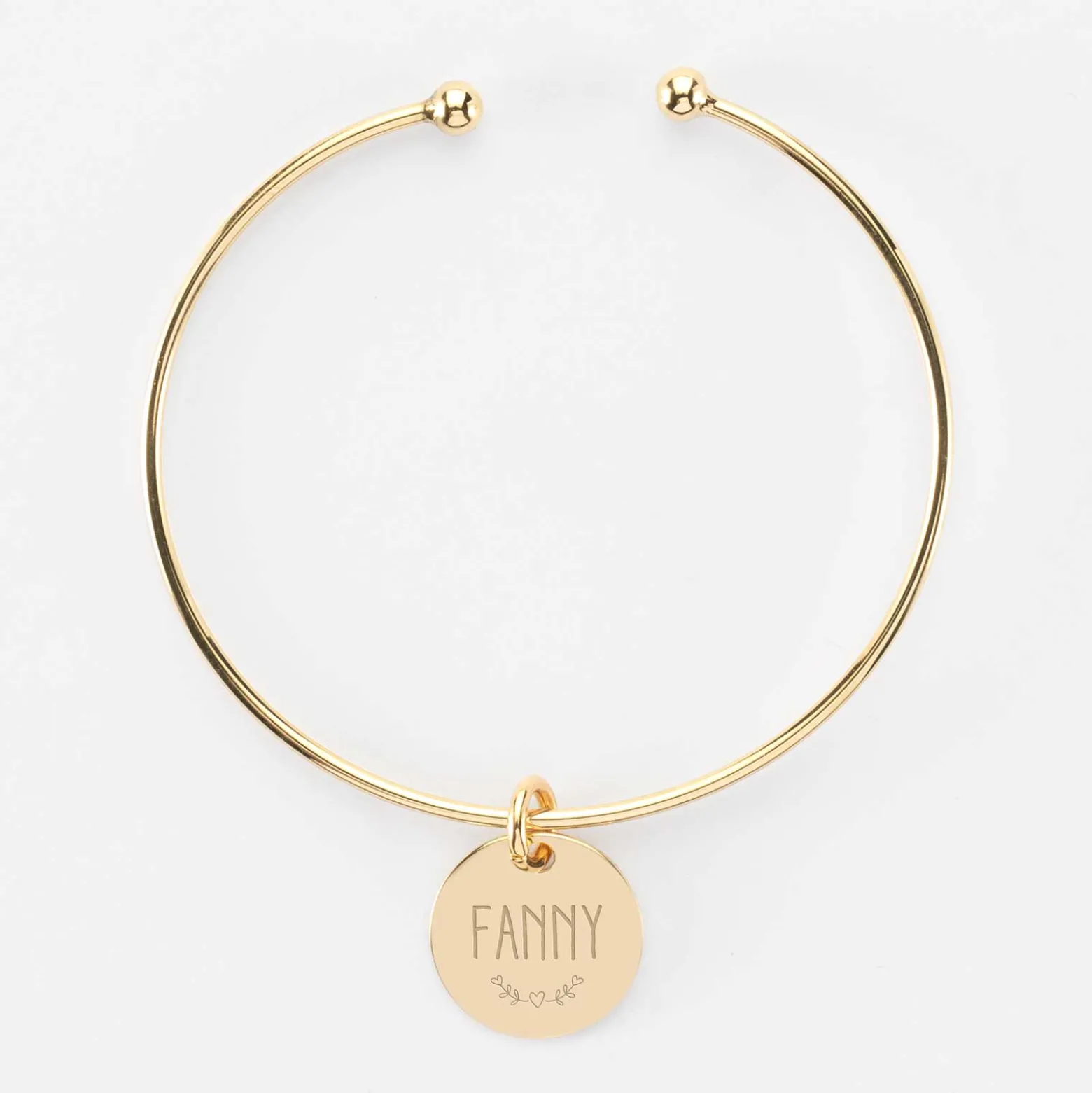 Bracelet personnalisé jonc ouvert boules plaqué or médaille gravée 15 mm