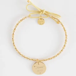 Bracelet personnalisé jonc tressé plaqué or et cordon médaille gravée 15 mm