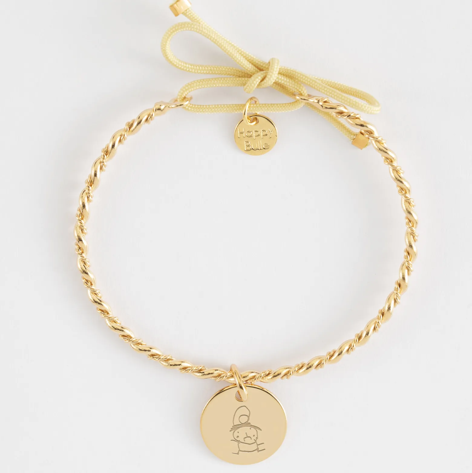 Bracelet personnalisé jonc tressé plaqué or et cordon médaille gravée 15 mm