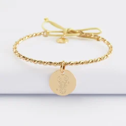 Bracelet personnalisé jonc tressé plaqué or et cordon médaille gravée 15 mm