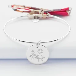Bracelet personnalisé jonc argent et cordon Liberty médaille gravée 19 mm