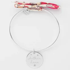 Bracelet personnalisé jonc argent et cordon Liberty médaille gravée 19 mm