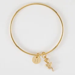 Bracelet personnalisé jonc plaqué or médaille gravée 10 mm et breloque rose 19 mm