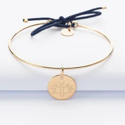 Bracelet personnalisé jonc plaqué or et cordon médaille gravée 15 mm