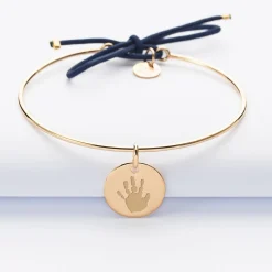 Bracelet personnalisé jonc plaqué or et cordon médaille gravée 15 mm