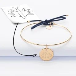 Bracelet personnalisé jonc plaqué or et cordon médaille gravée 15 mm