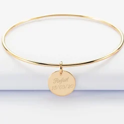 Bracelet personnalisé jonc plaqué or médaille gravée 15 mm