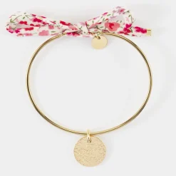 Bracelet personnalisé jonc plaqué or et cordon Liberty médaille martelée gravée 15 mm